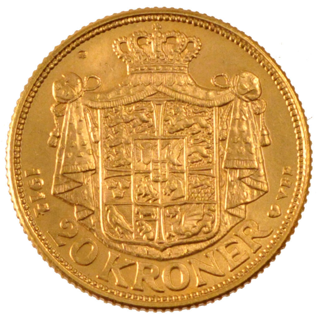 DENMARK, 20 Kroner, 1914, Copenhagen, KM #817.1, AU(55-58), Gold, 8.96
