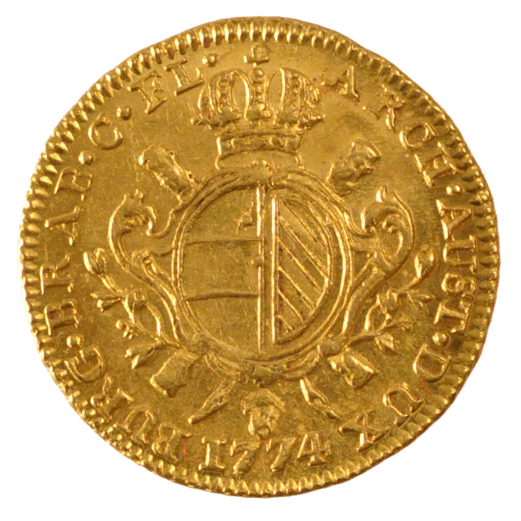 Belgium, 1/2 Souverain, 1774, Brussels, KM #26, AU(55-58), Gold, 5.52