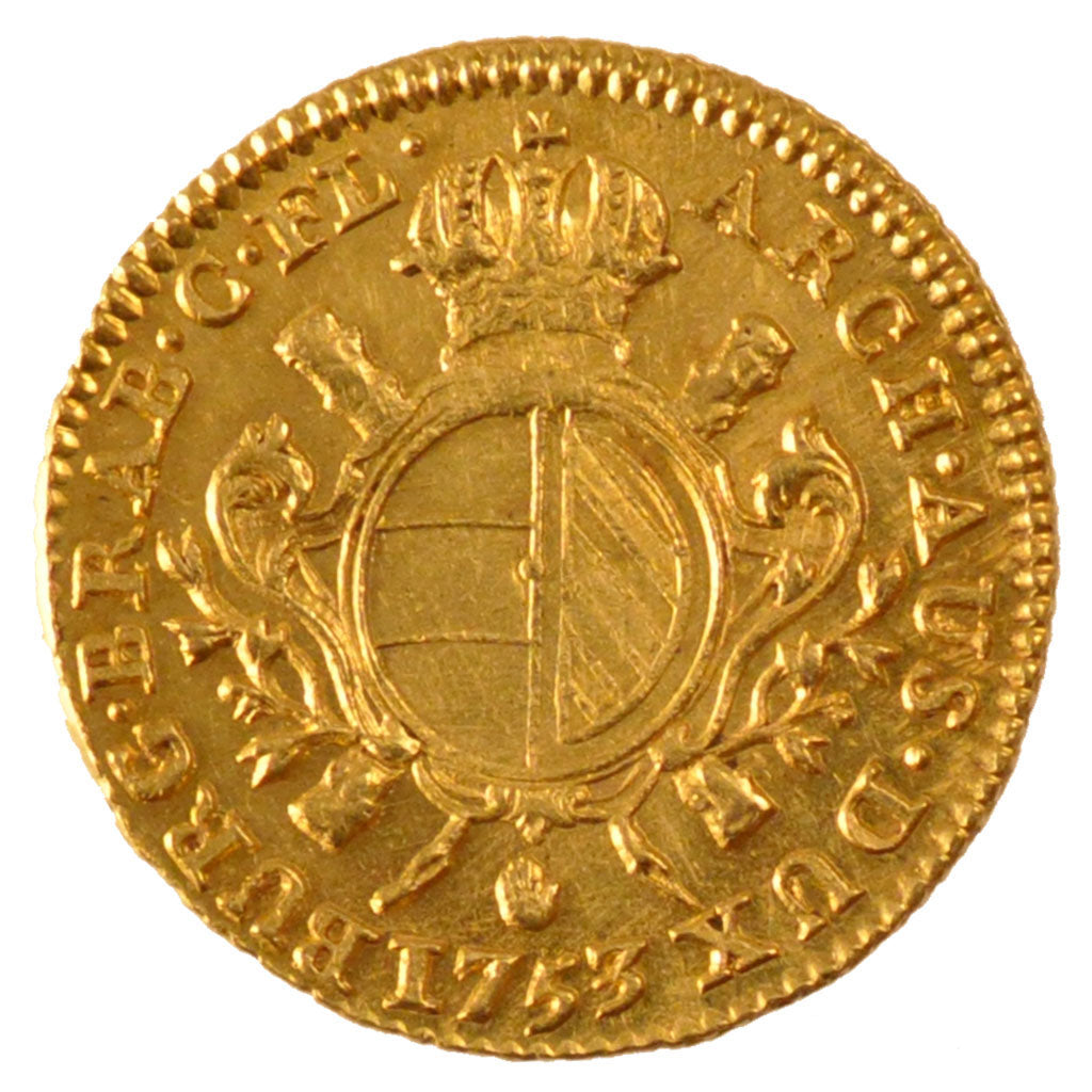 Belgium, 1/2 Souverain, 1753, Anvers, KM #17, AU(55-58), Gold, 5.52