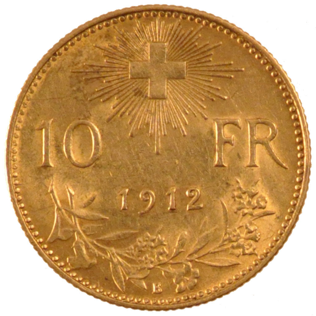 SWITZERLAND, 10 Francs, 1912, Bern, KM #36, AU(55-58), Gold, 3.24