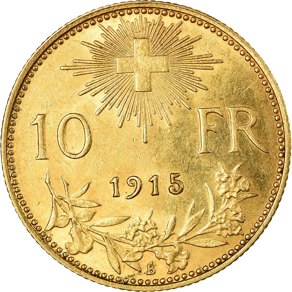 Coin, Switzerland, 10 Francs, 1915, Bern, AU(55-58), Gold, KM:36