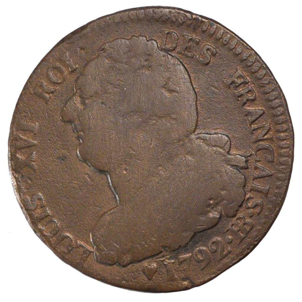 FRANCE, 2 sols français, 2 Sols, 1792, Strasbourg, KM #612, VG(8-10), Bronze, G.