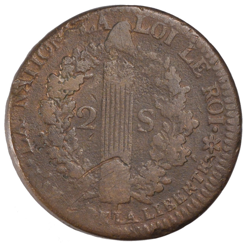 FRANCE, 2 sols français, 2 Sols, 1792, Strasbourg, KM #612, VG(8-10), Bronze, G.