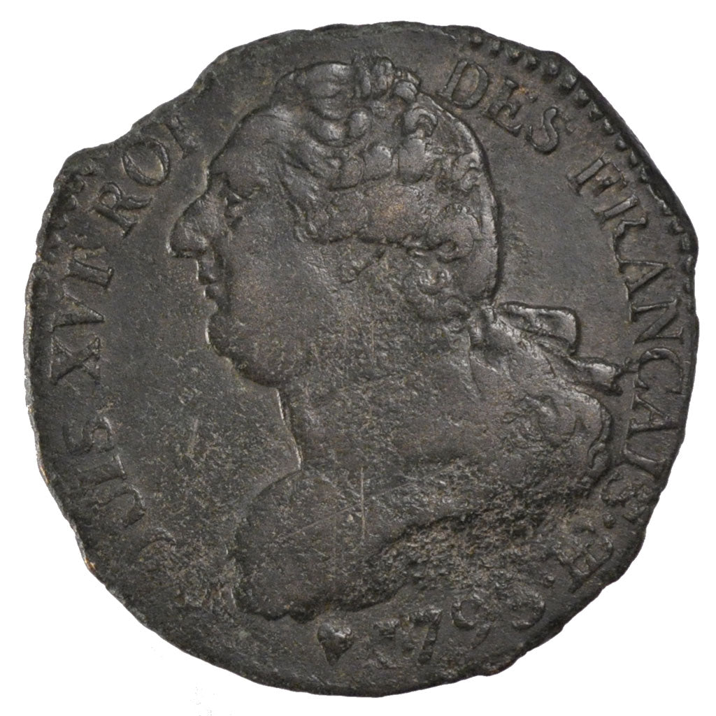 FRANCE, 2 Sols, 1793, Strasbourg, F(12-15), Bronze, Gadoury #24, 16.45