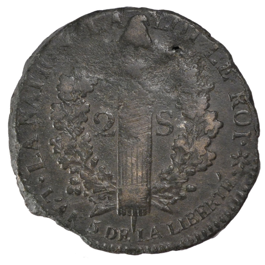 FRANCE, 2 Sols, 1793, Strasbourg, F(12-15), Bronze, Gadoury #24, 16.45