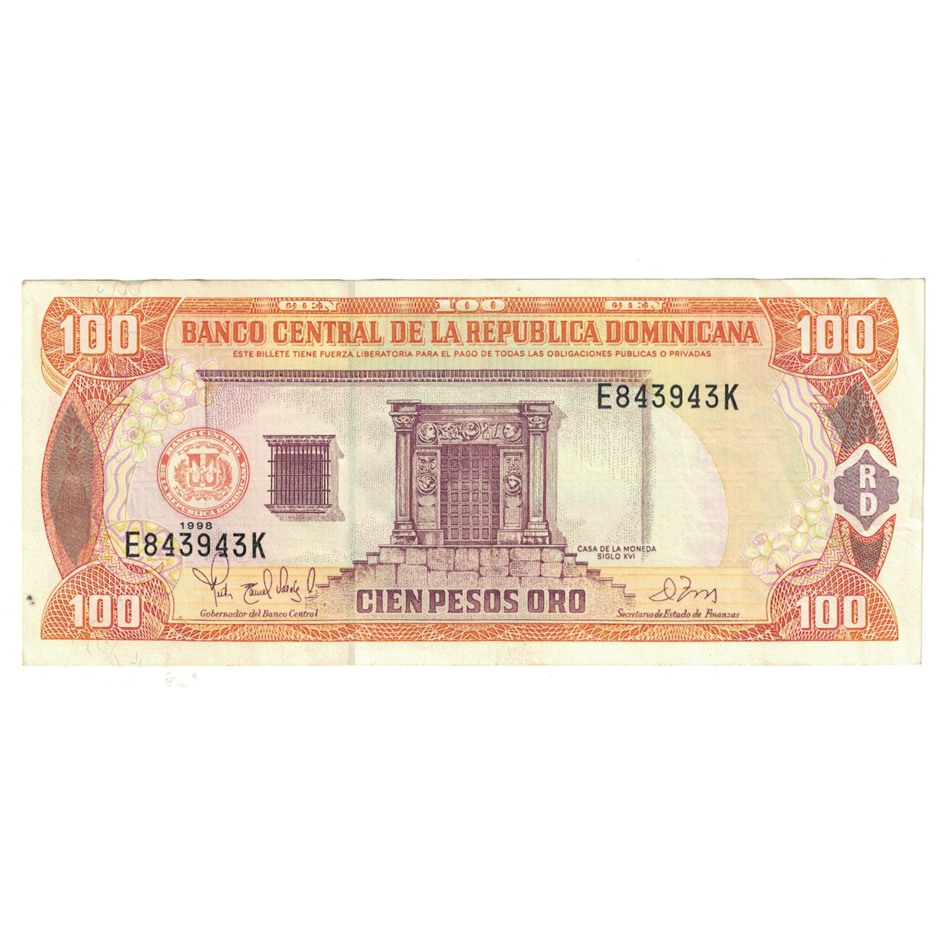 Billete, 100 Pesos Oro, 1998, República Dominicana, KM:122b, MBC