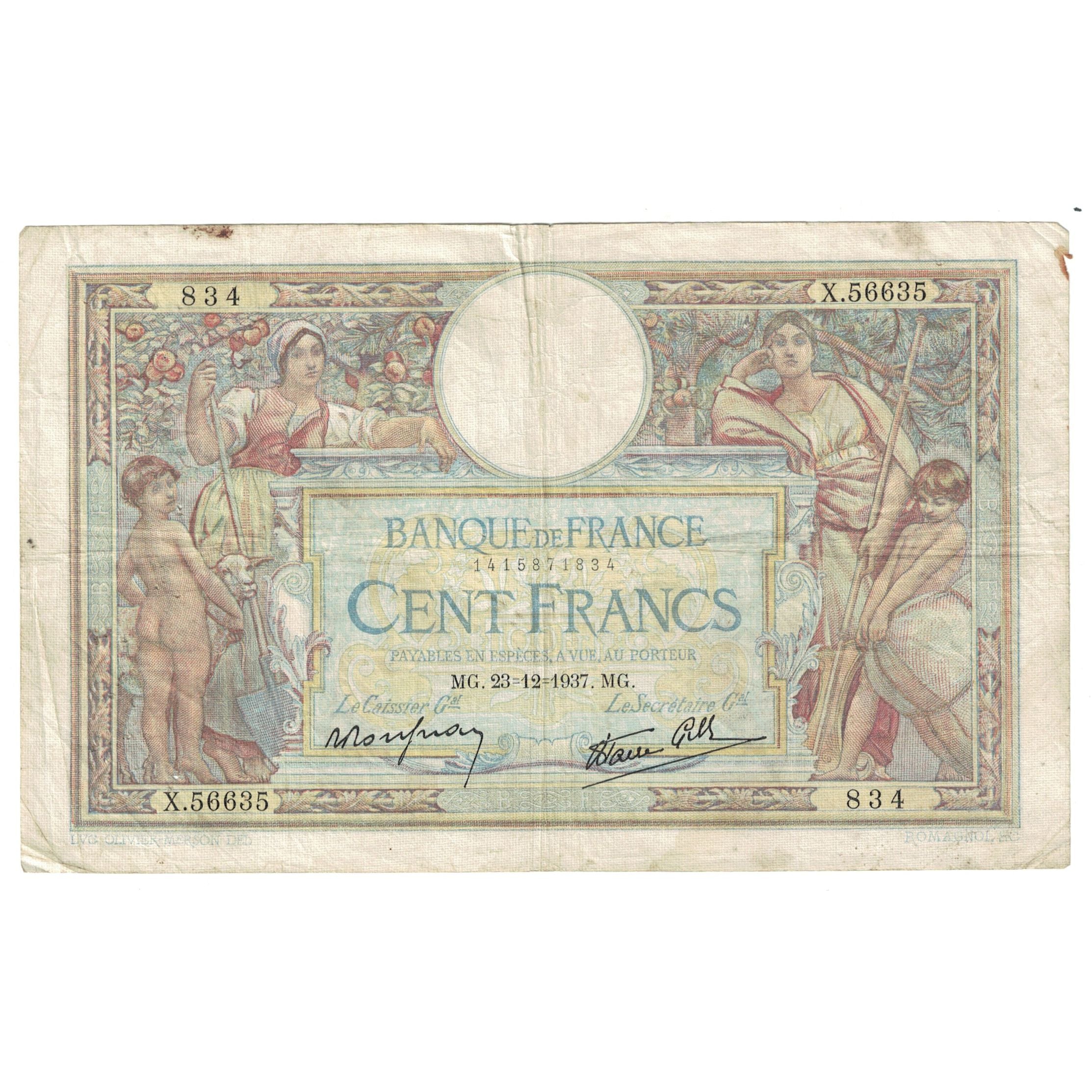 France, 100 Francs, Luc Olivier Merson, 1937, X.56635, VF(20-25)