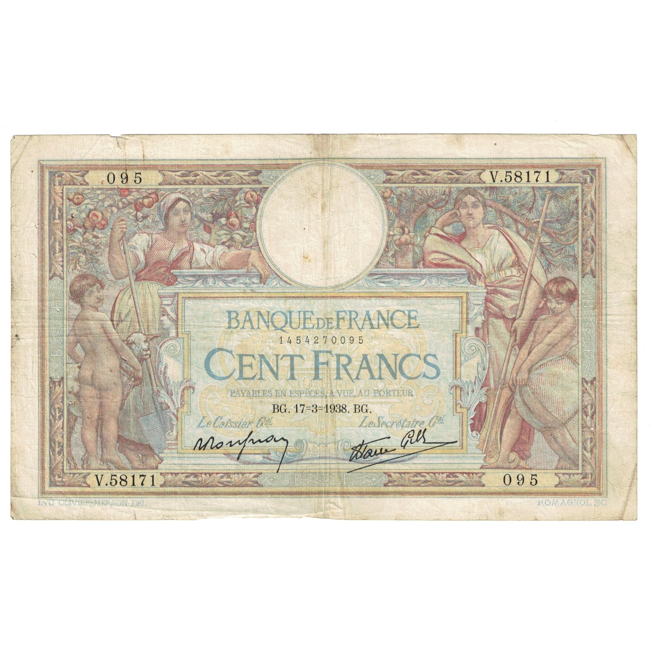 France, 100 Francs, Luc Olivier Merson, 1938, V.58171, TB, Fayette:25.13, KM:86b