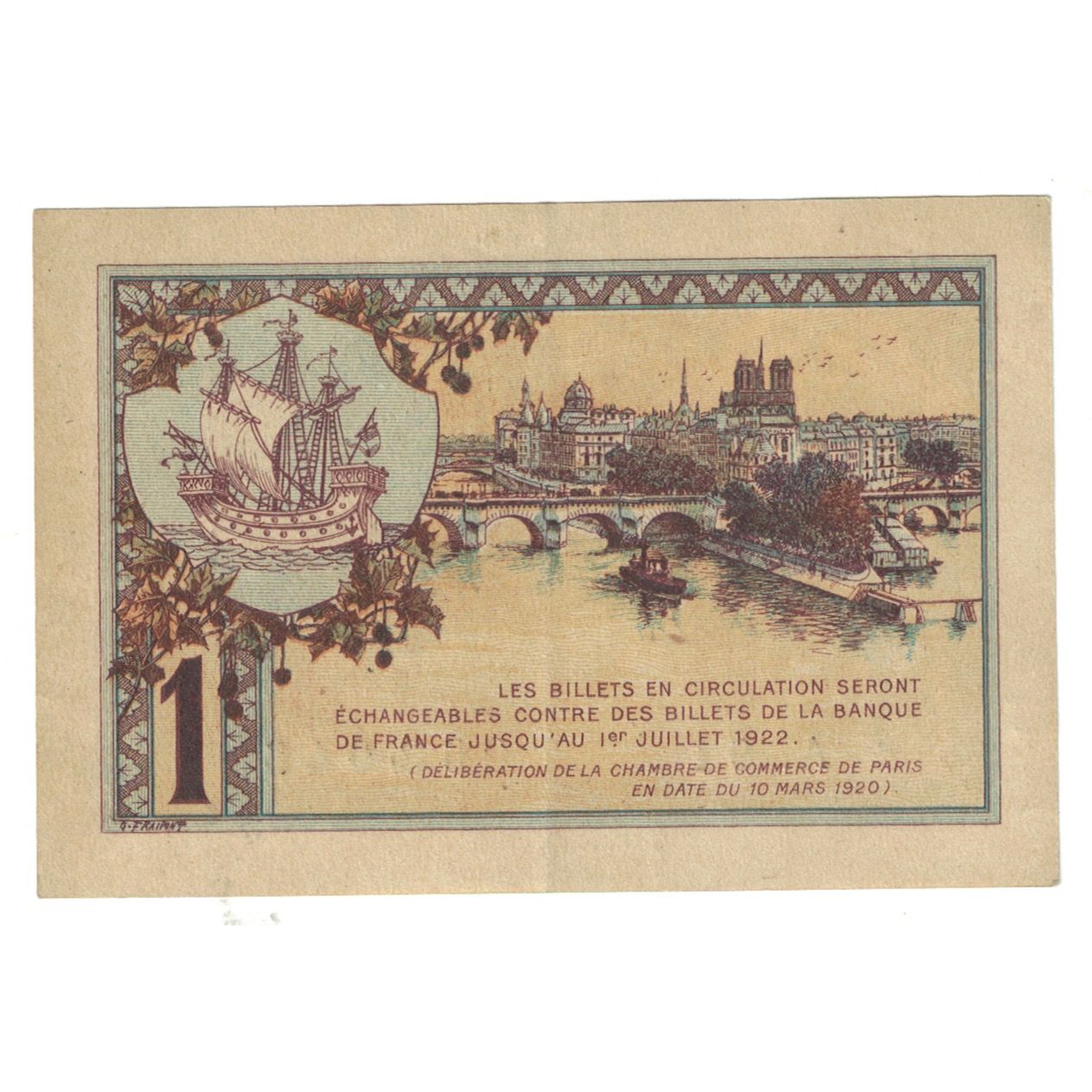 France, Paris, 1 Franc, 1920, Chambre de Commerce, EF(40-45), Pirot:97-36