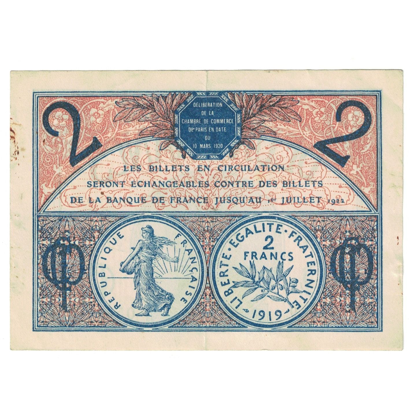 France, Paris, 2 Francs, 1922, EF(40-45), Pirot:97-28