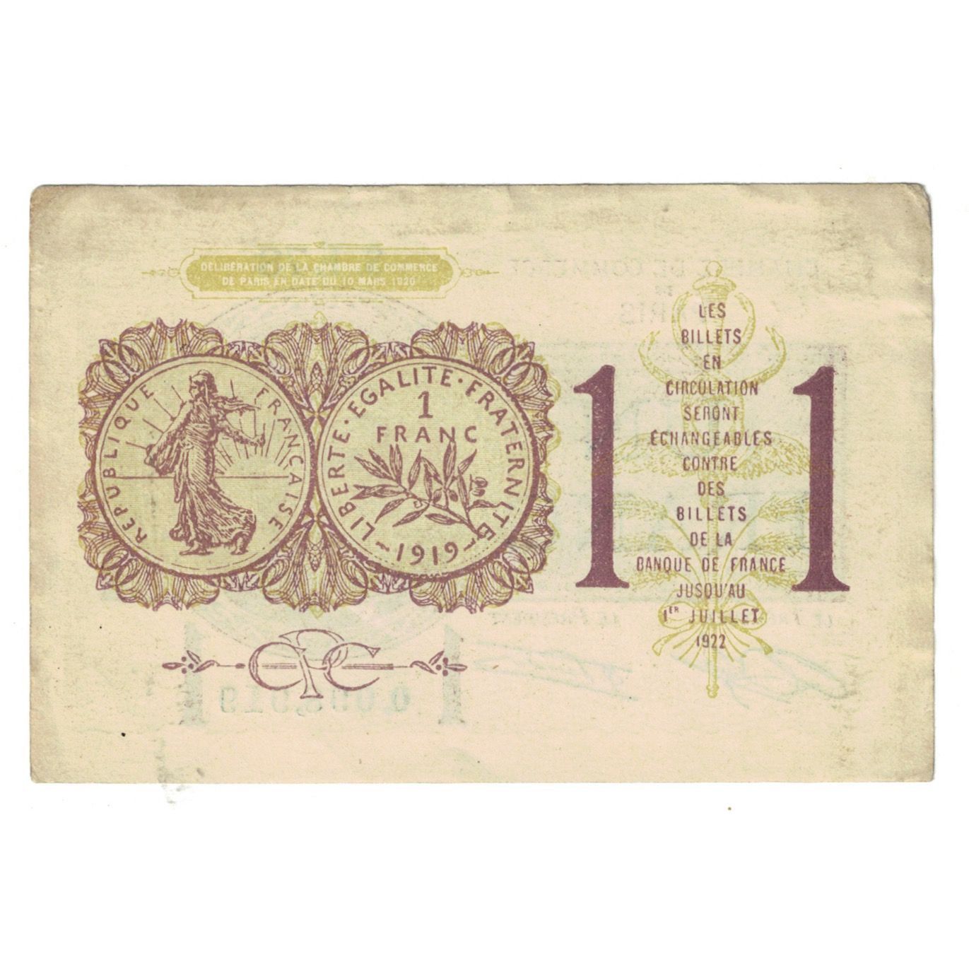 France, Paris, 1 Franc, 1922, EF(40-45), Pirot:97-23