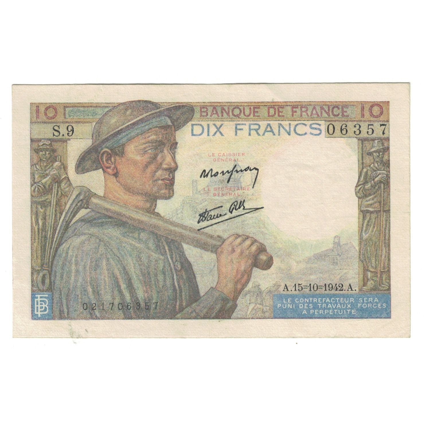 France, 10 Francs, Mineur, 1942, S.9, EF(40-45), Fayette:8.4, KM:99d