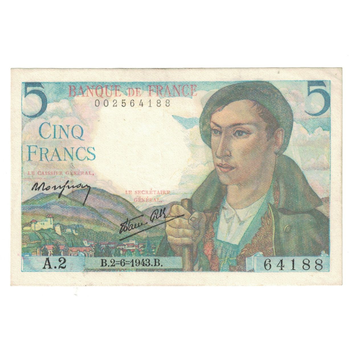 France, 5 Francs, Berger, 1943, A.2, EF(40-45), Fayette:5.1, KM:98a