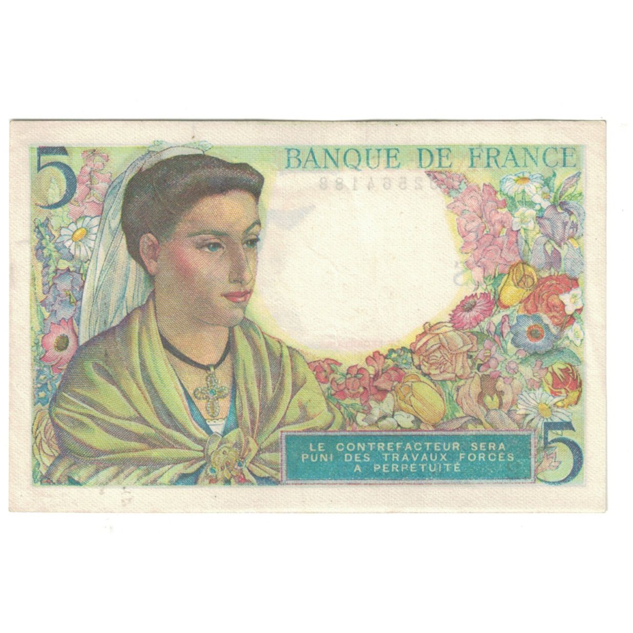 France, 5 Francs, Berger, 1943, A.2, EF(40-45), Fayette:5.1, KM:98a