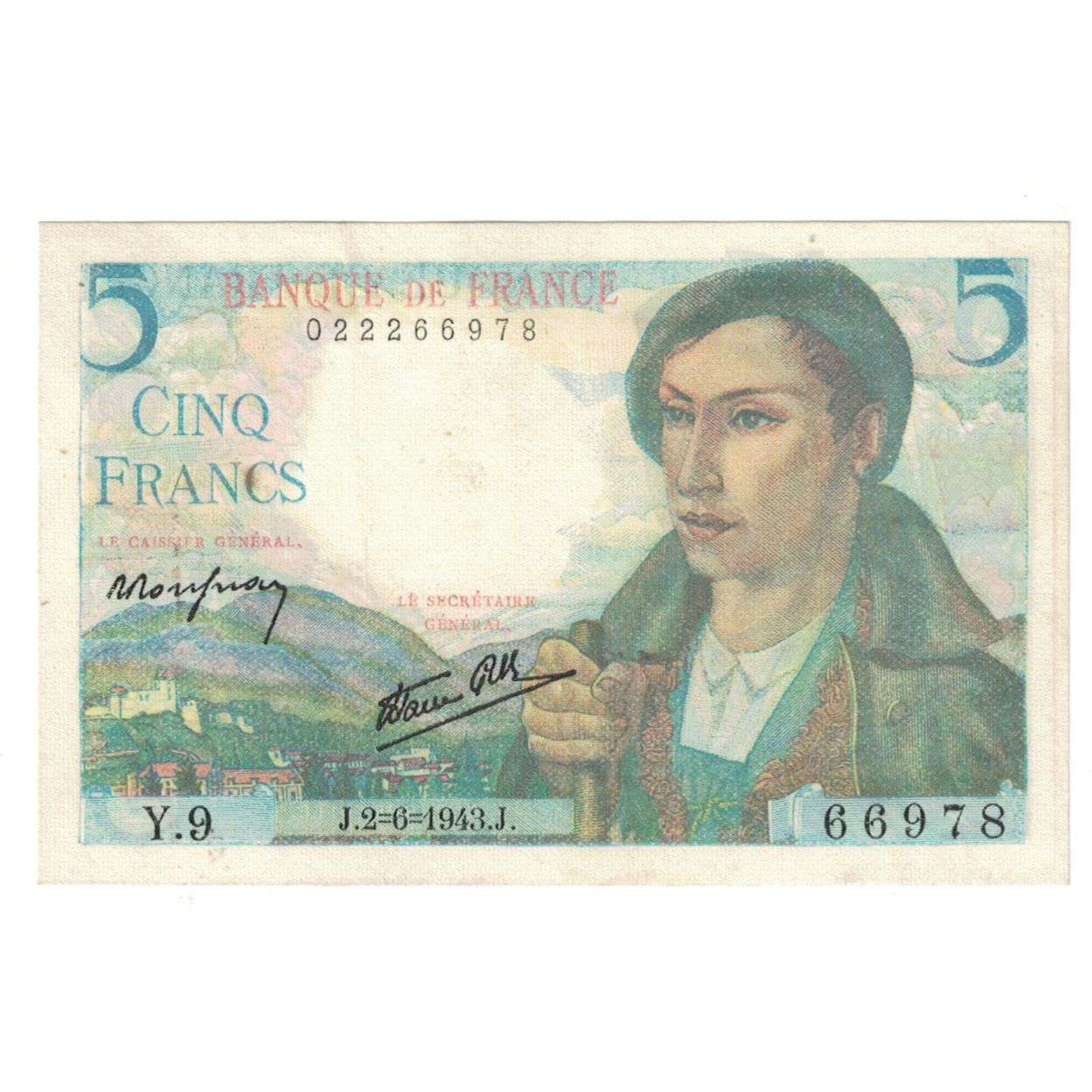 France, 5 Francs, Berger, 1943, Y.9, AU(55-58), Fayette:5.1, KM:98a