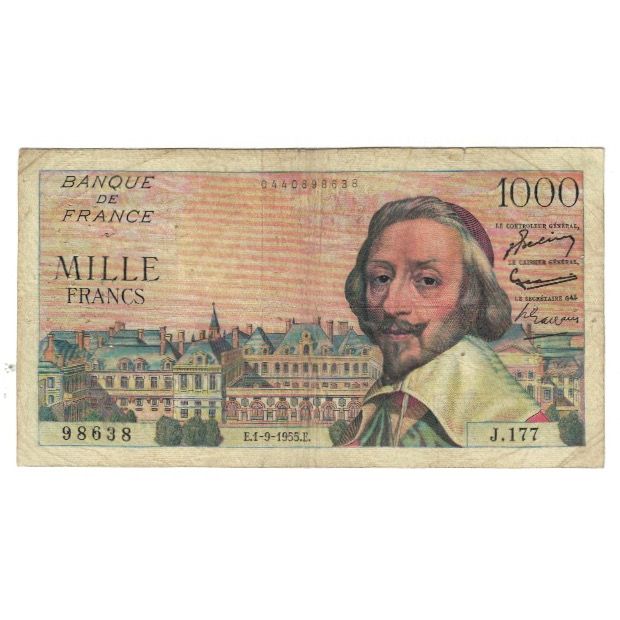 Francia, 1000 Francs, Richelieu, 1955, J.177 98638, MB, Fayette:42.15, KM:134a