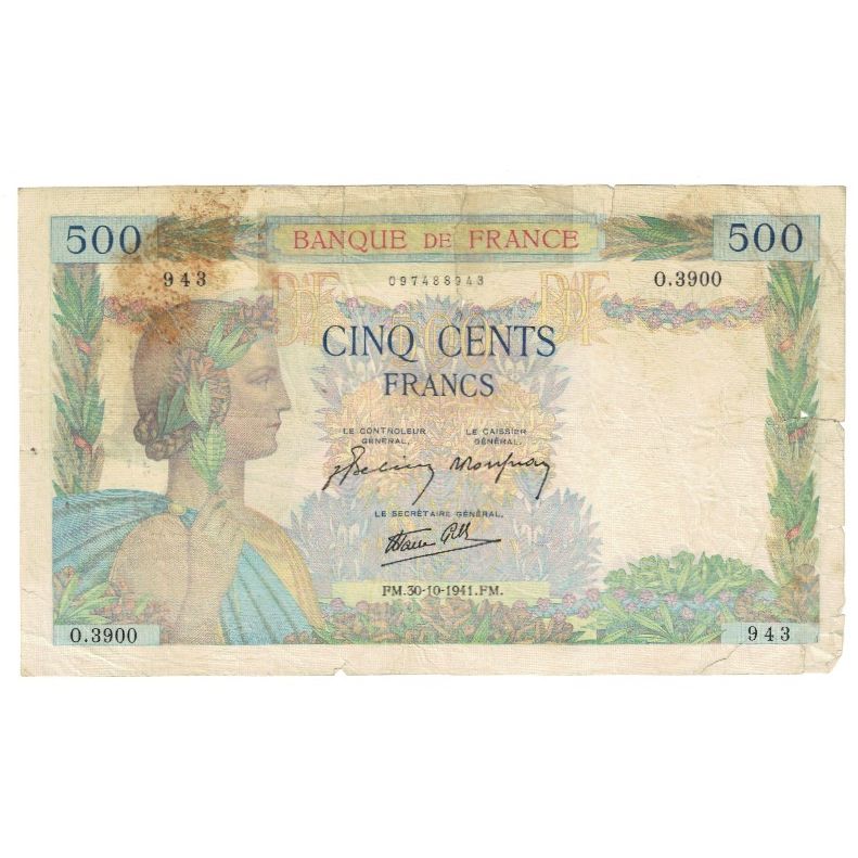 France, 500 Francs, La Paix, 1941, O.3900 943, VF(20-25), Fayette:32.23, KM:95b