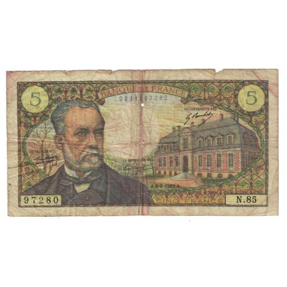 France, 5 Francs, Pasteur, 1969, N.85 97280, VG(8-10), Fayette:61.9, KM:146b