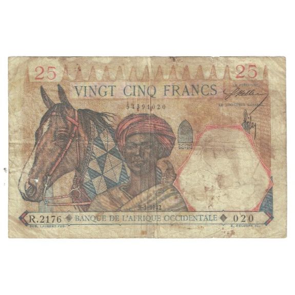 Biljet, Frans West Afrika, 25 Francs, 1942, 1942-01-09, KM:27, B+