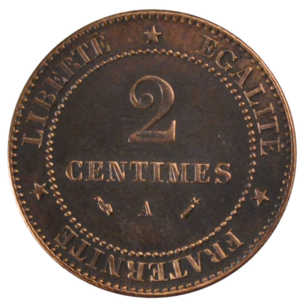 FRANCE, Cérès, 2 Centimes, 1882, Paris, KM #827.1, EF(40-45), Bronze, 20.2, G...