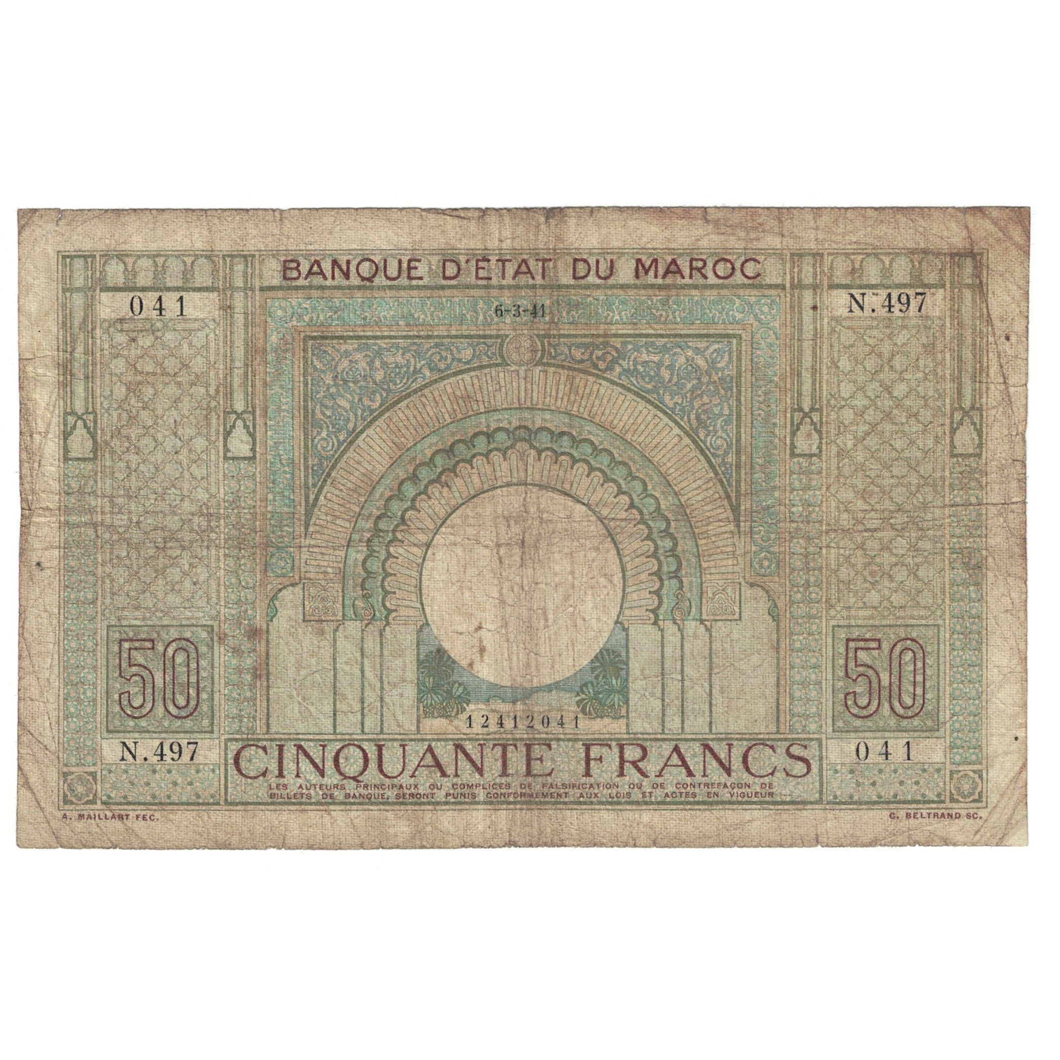 Banknote, Morocco, 50 Francs, 1941, 1941-03-06, KM:44, VF(20-25)