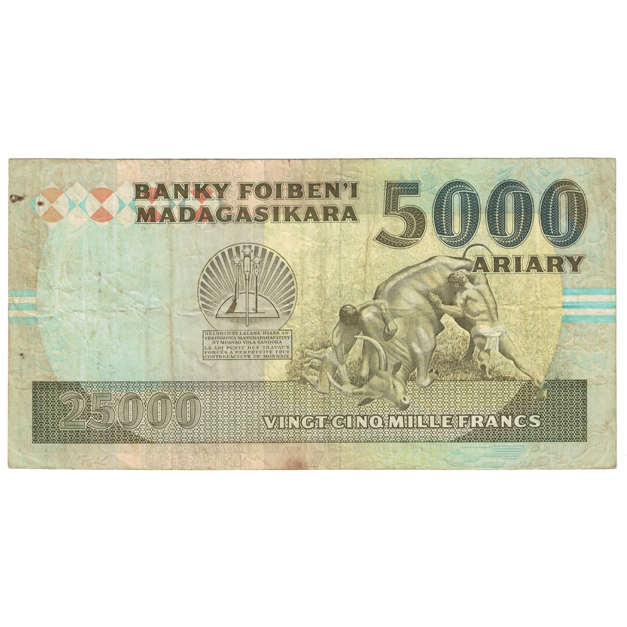 Banknote, Madagascar, 25,000 Francs = 5000 Ariary, KM:74a, EF(40-45)