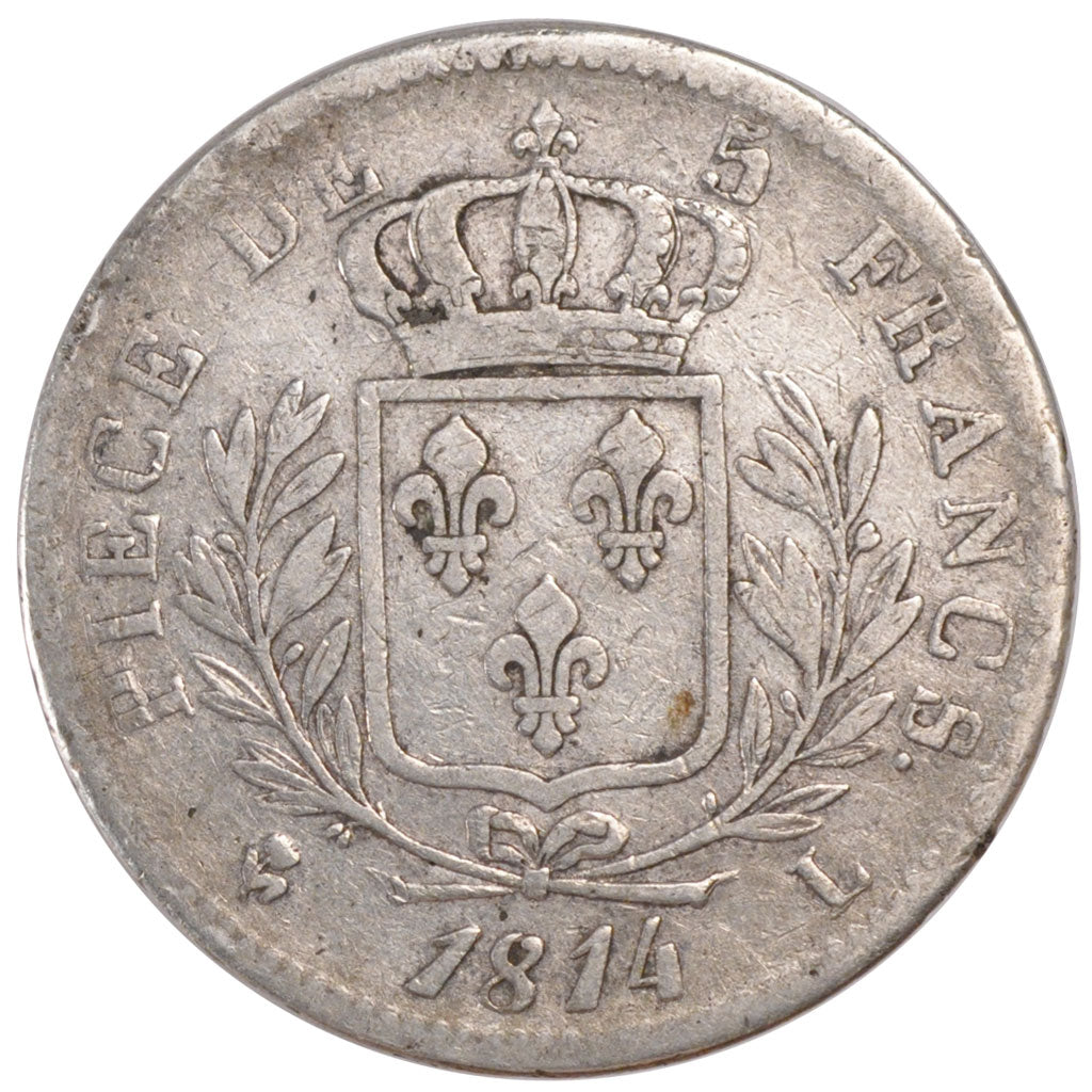 Francia, Louis XVIII, Louis XVIII, 5 Francs, 1814, Bayonne, B+, Argento, Gado...