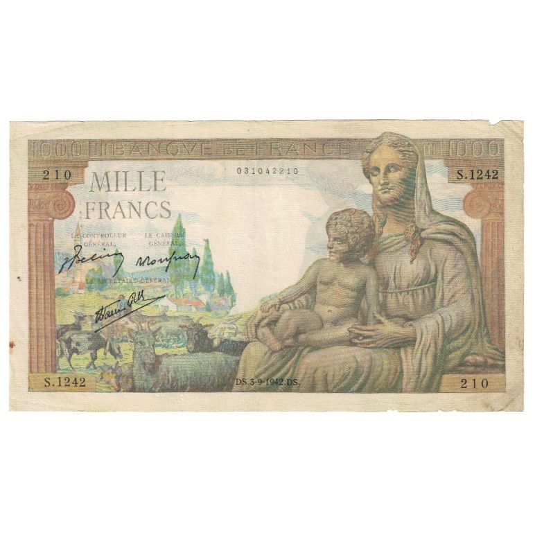 France, 1000 Francs, Déesse Déméter, 1942, S.1242 210, VF(20-25)