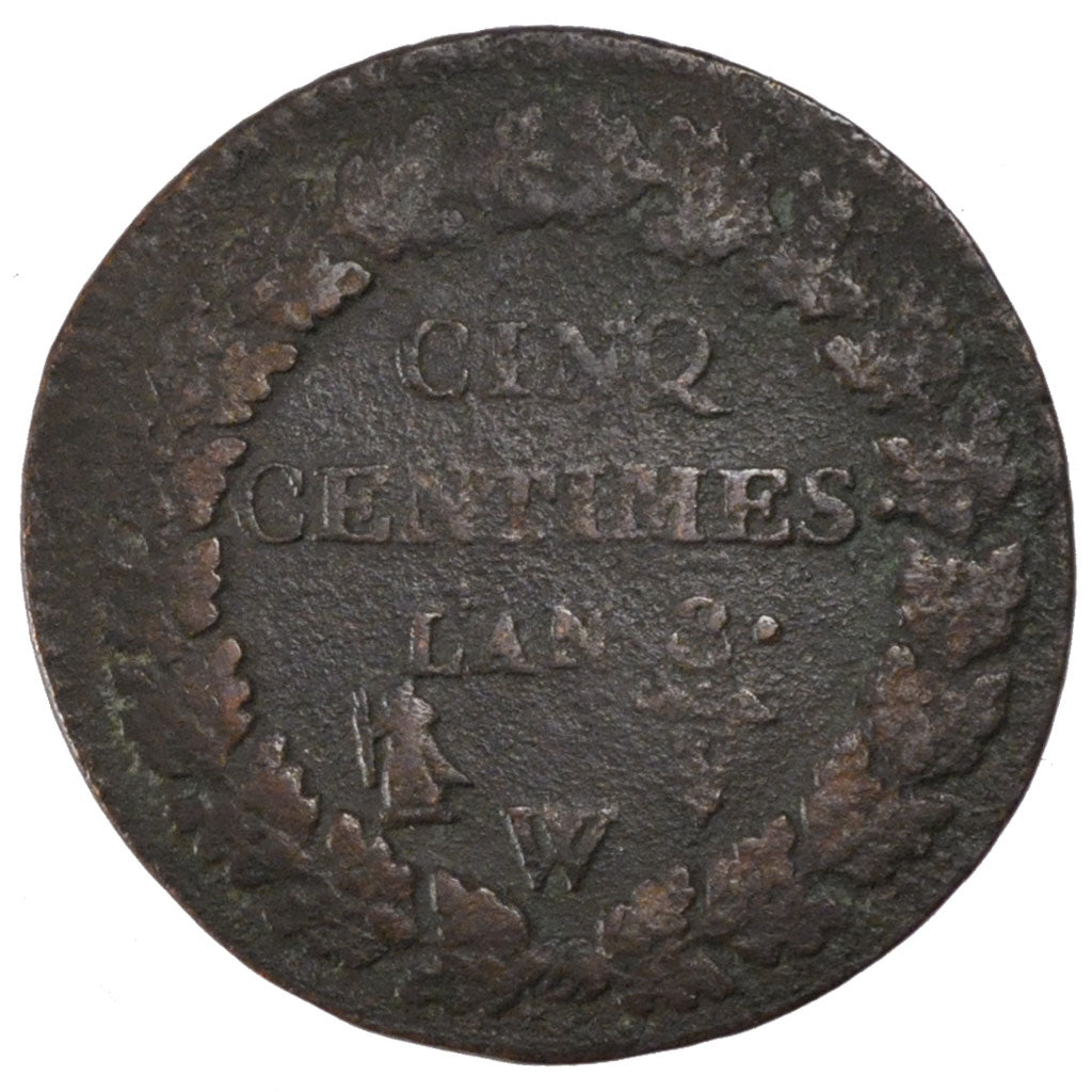 FRANCE, 5 Centimes, 1799, Lille, VF(20-25), Bronze, Gadoury #126a, 8.21