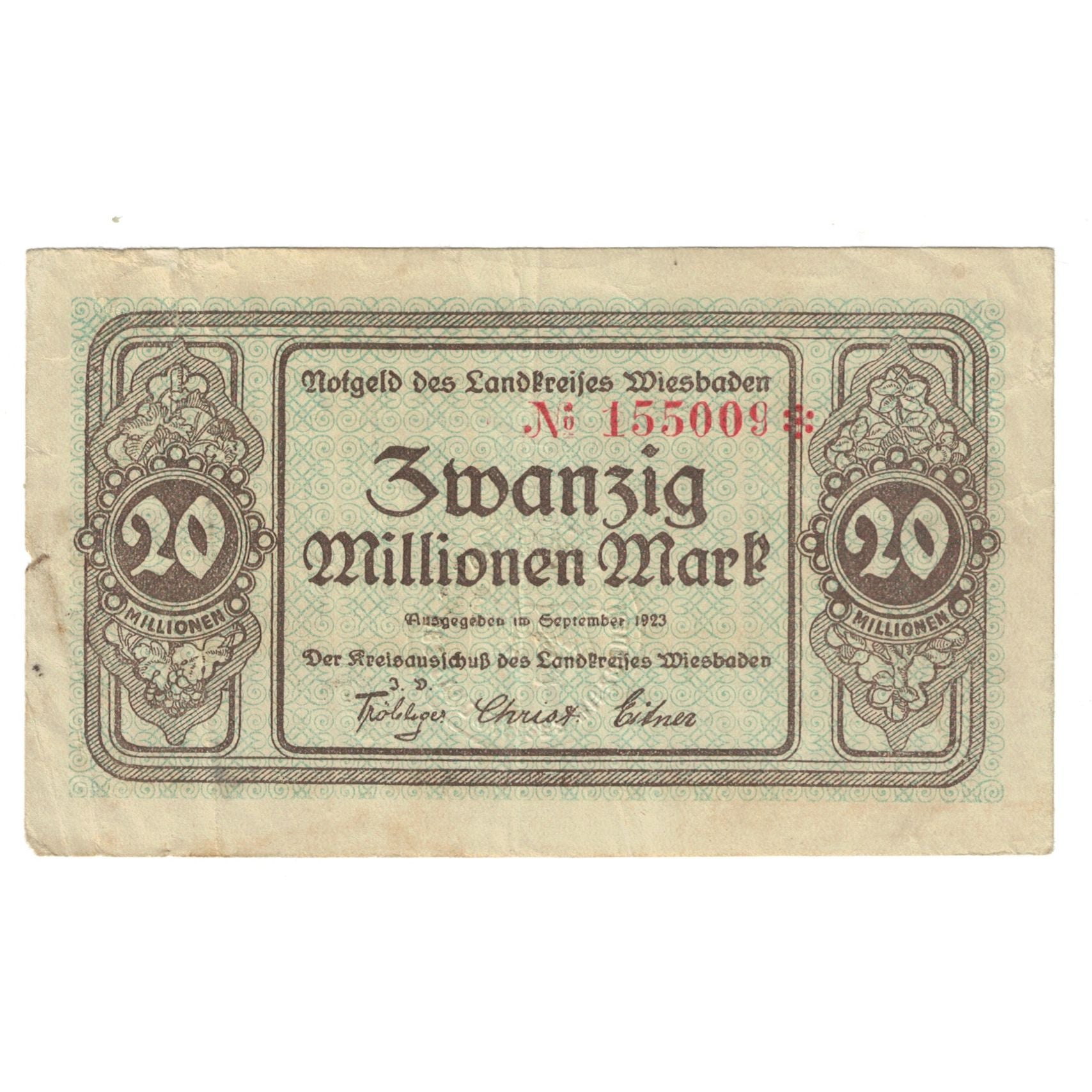 Banconote, Germania, Wiesbaden, 20 Millions Mark, Notgeld, 1923, 1923-09-12, BB