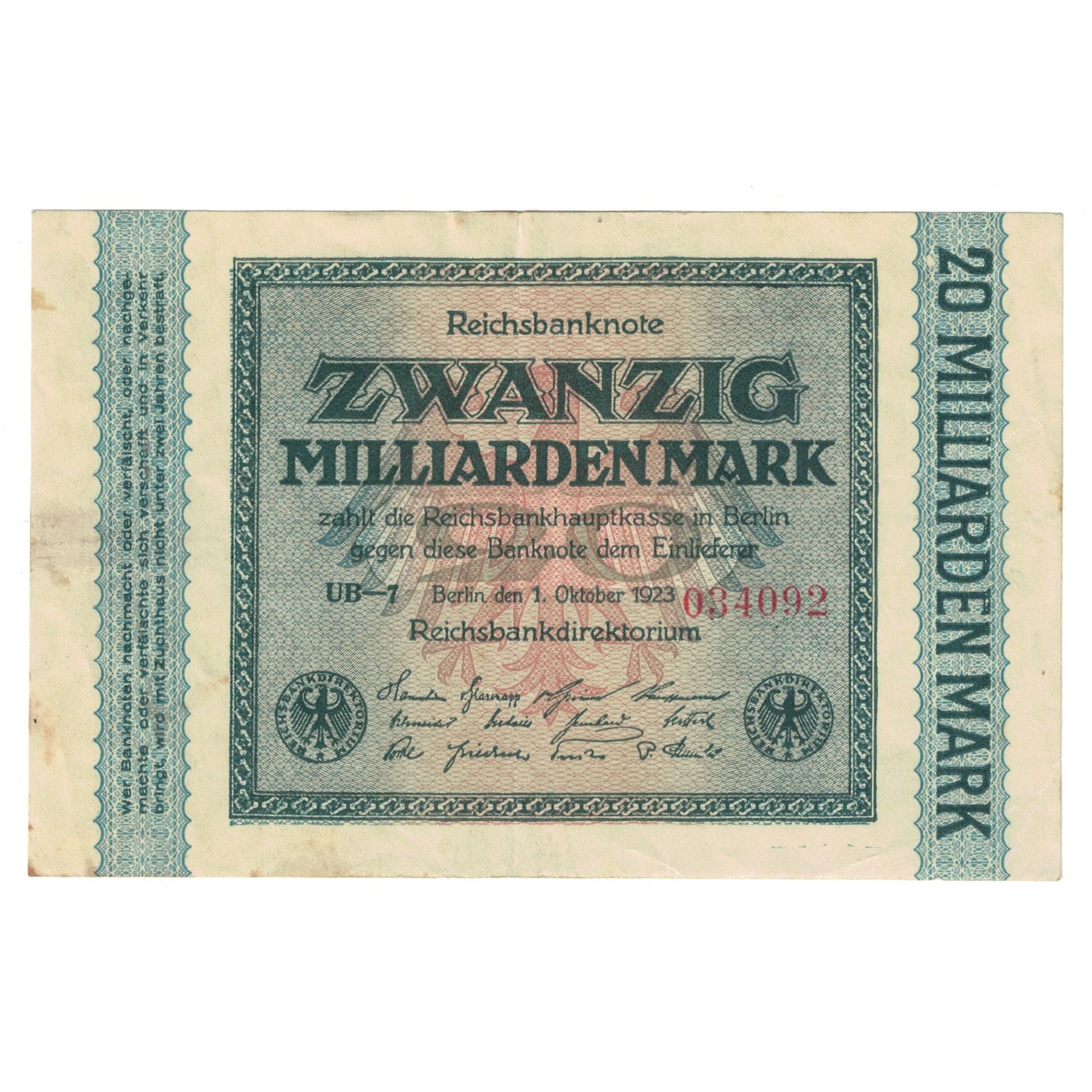 Banknote, Germany, 20 Milliarden Mark, 1923, 1923-10-01, KM:118a, EF(40-45)