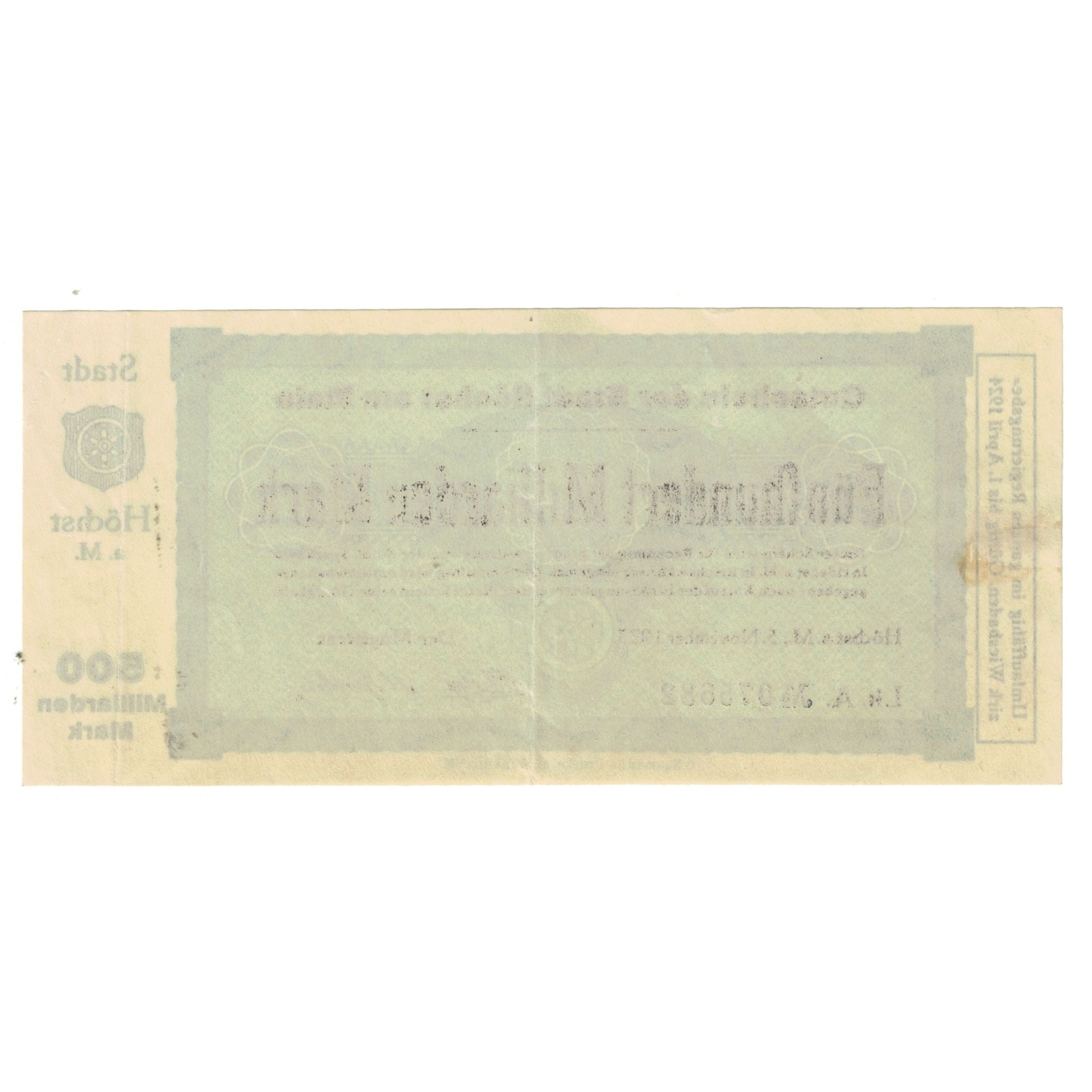Banknote, Germany, Höchst a.M. Stadt, 500 Milliarden Mark, roue, 1923