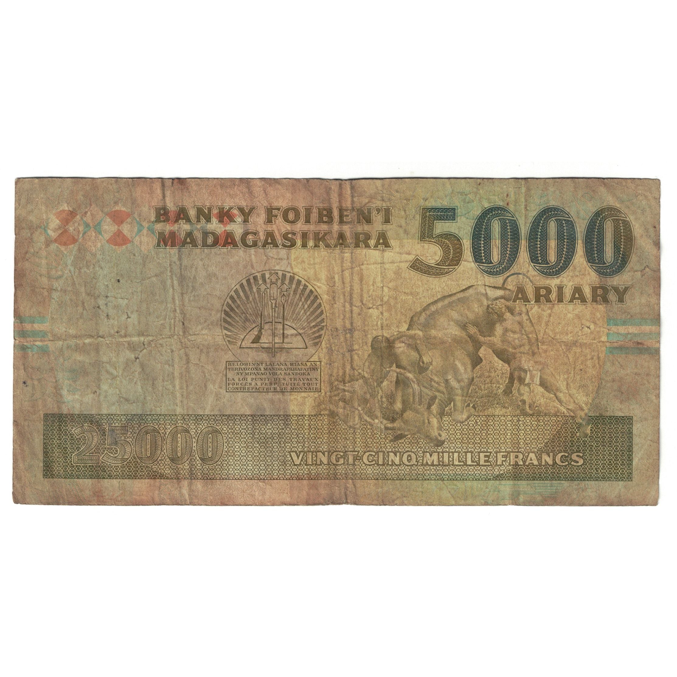 Banknote, Madagascar, 25,000 Francs = 5000 Ariary, 1988, KM:74a, VF(20-25)