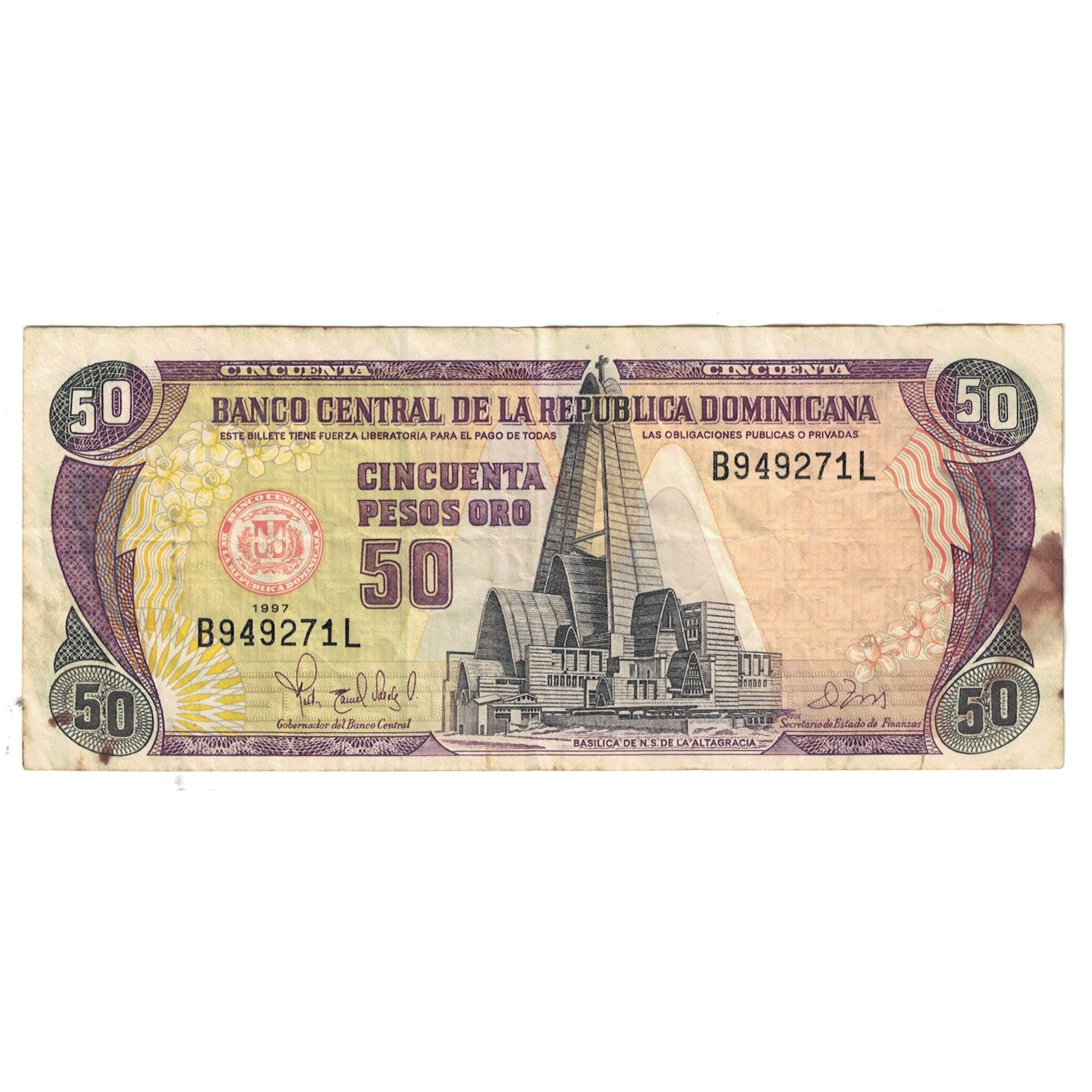 Billete, 50 Pesos Oro, 1997, República Dominicana, KM:135b, MBC