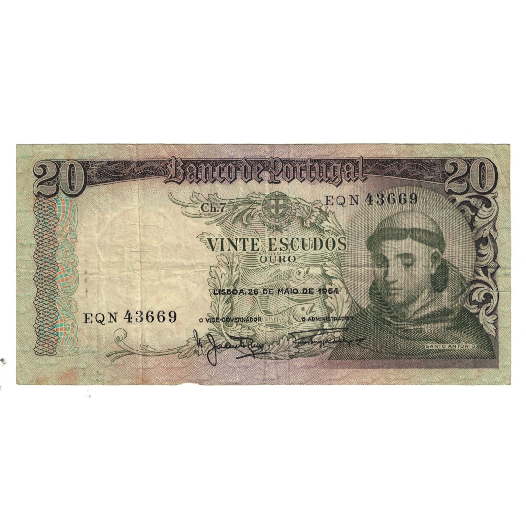 Banknote, Portugal, 20 Escudos, 1964, 1964-05-26, KM:167a, VF(30-35)