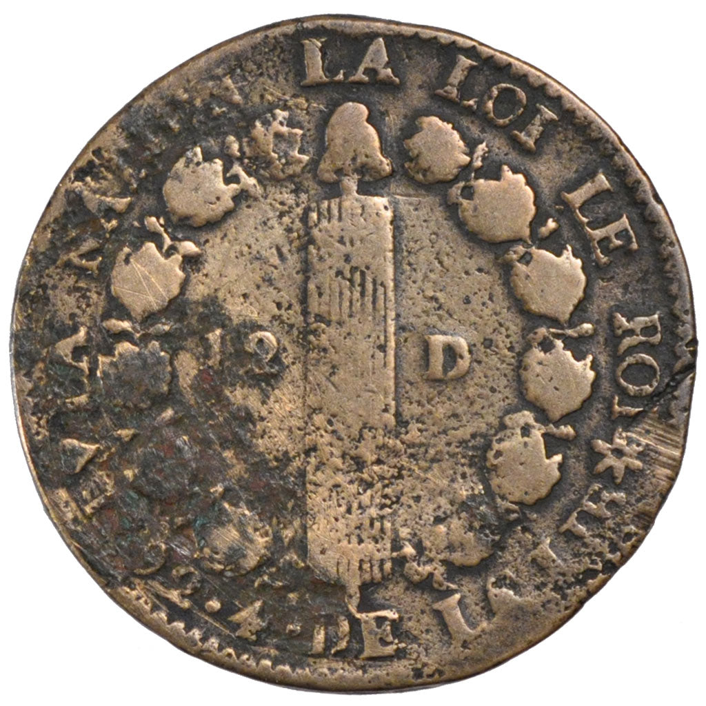FRANCE, 12 deniers français, 12 Deniers, 1792, Strasbourg, KM #601, VG(8-10), B.