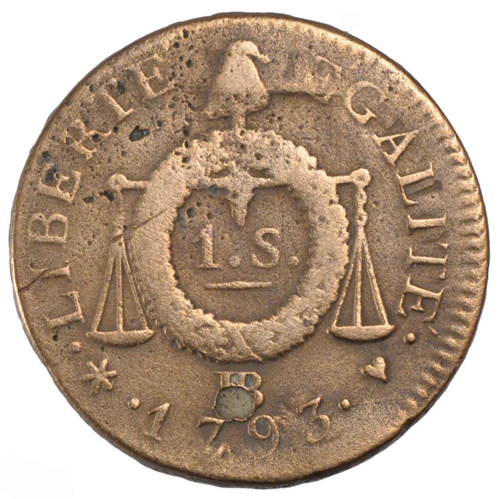 FRANCE, Sol aux balances françoise, Sol, 1793, Strasbourg, KM #619.4, VF(30-35),