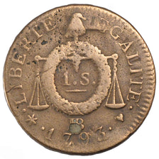 FRANCE, Sol aux balances françoise, Sol, 1793, Strasbourg, KM #619.4, VF(30-35),