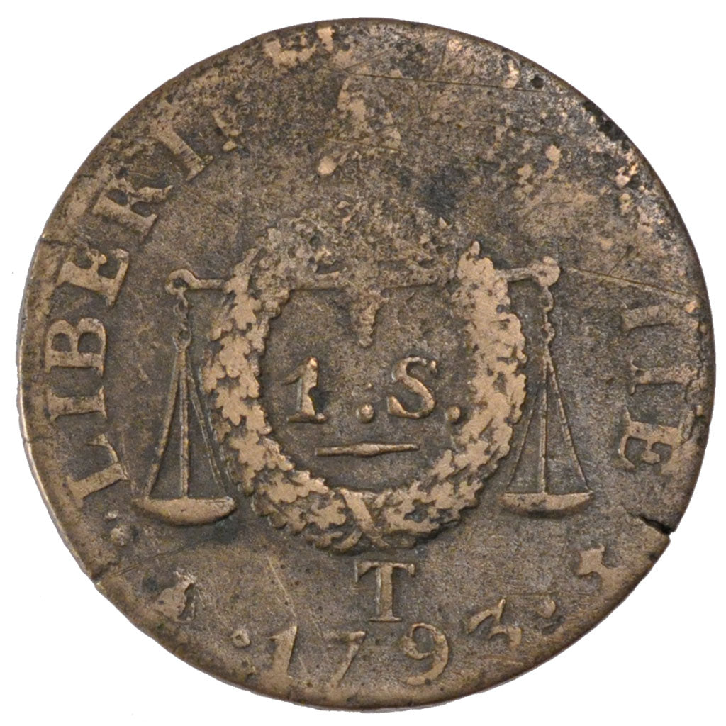 FRANCE, Sol aux balances françoise, Sol, 1793, Nantes, KM #619.11, F(12-15), B..
