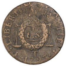 FRANCE, Sol aux balances françoise, Sol, 1793, Nantes, KM #619.11, F(12-15), B..