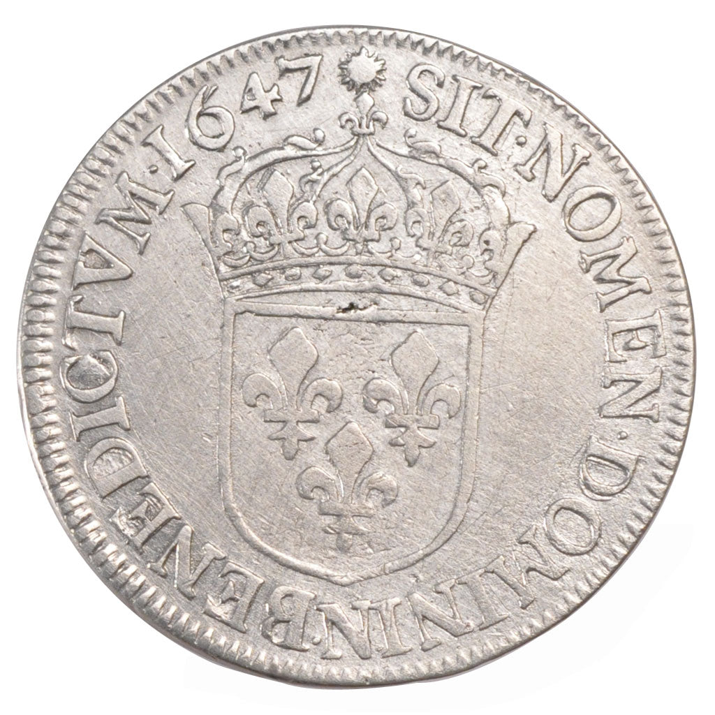 FRANCE, 1/2 Écu à la mèche longue, 1/2 ECU, 1647, Montpellier, KM #164.14, VF(3.