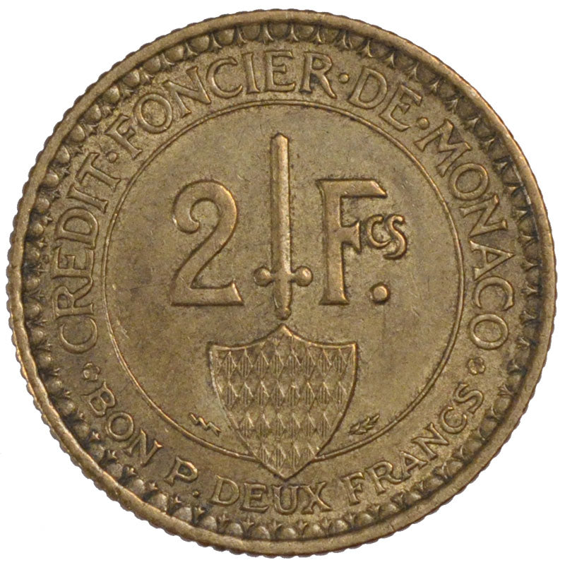Monaco, 2 Francs, 1926, Poissy, AU(55-58), Aluminum-Bronze, Gadoury #130, 8.10