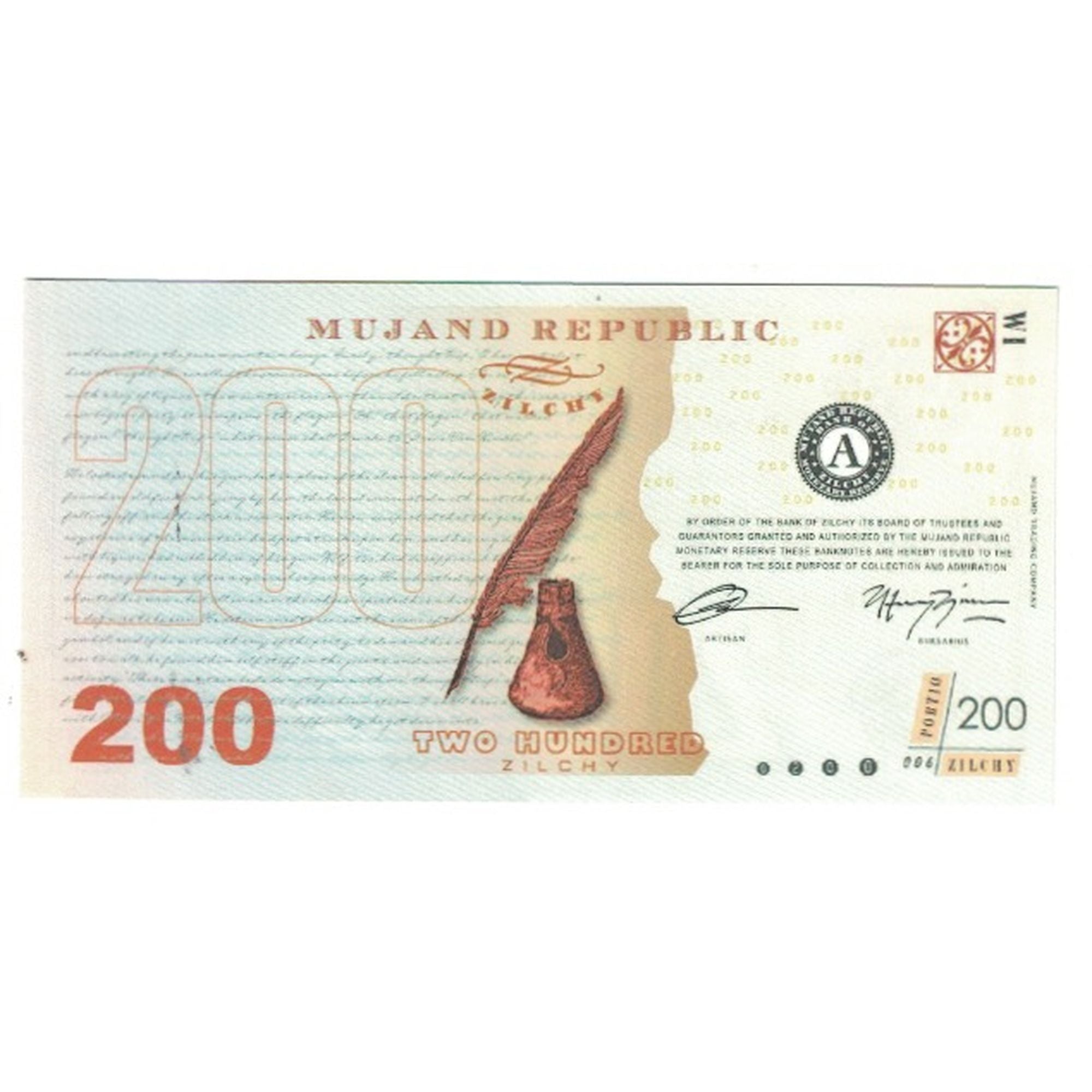 Banknote, Private proofs / unofficial, 2013, FANTASY BANKNOTE 200 ZILCHY MUJAND
