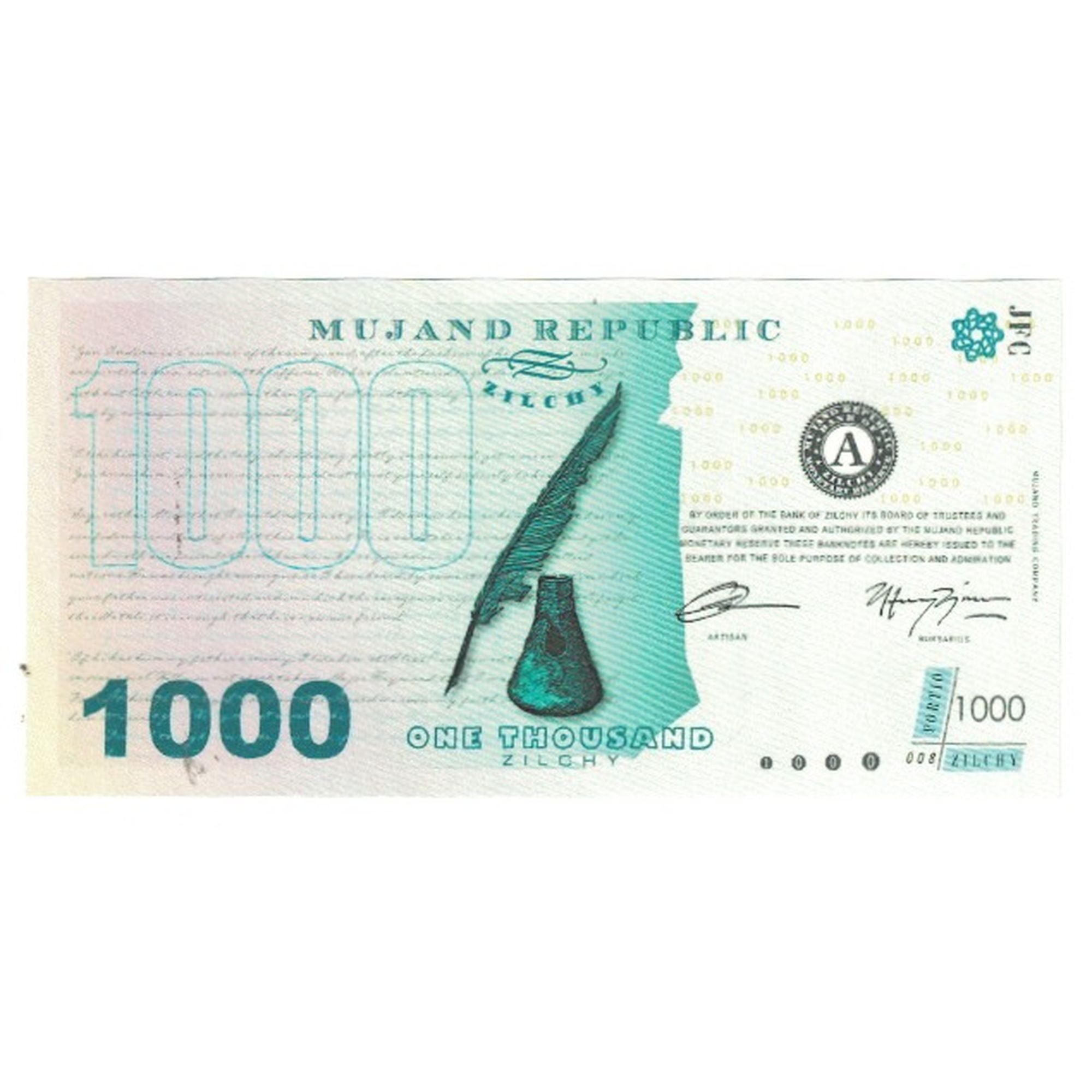 Banknote, Private proofs / unofficial, 2013, FANTASY BANKNOTE 1000 ZILCHY MUJAND
