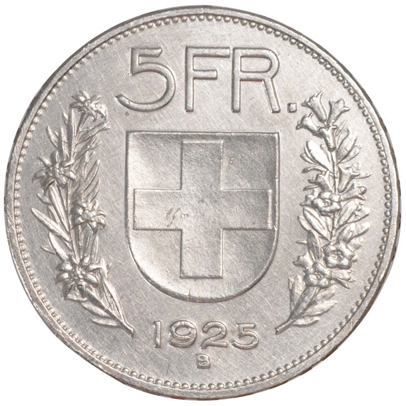 SWITZERLAND, 5 Francs, 1925, Bern, KM #38, AU(55-58), Silver, 37, 24.97