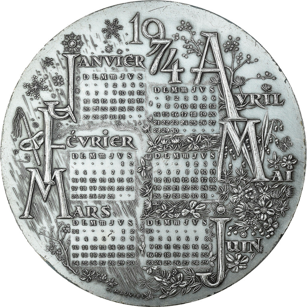 Frankreich, Medaille, Voeux, Nouvelle Année, Calendrier, 1974, Mauviel, VZ