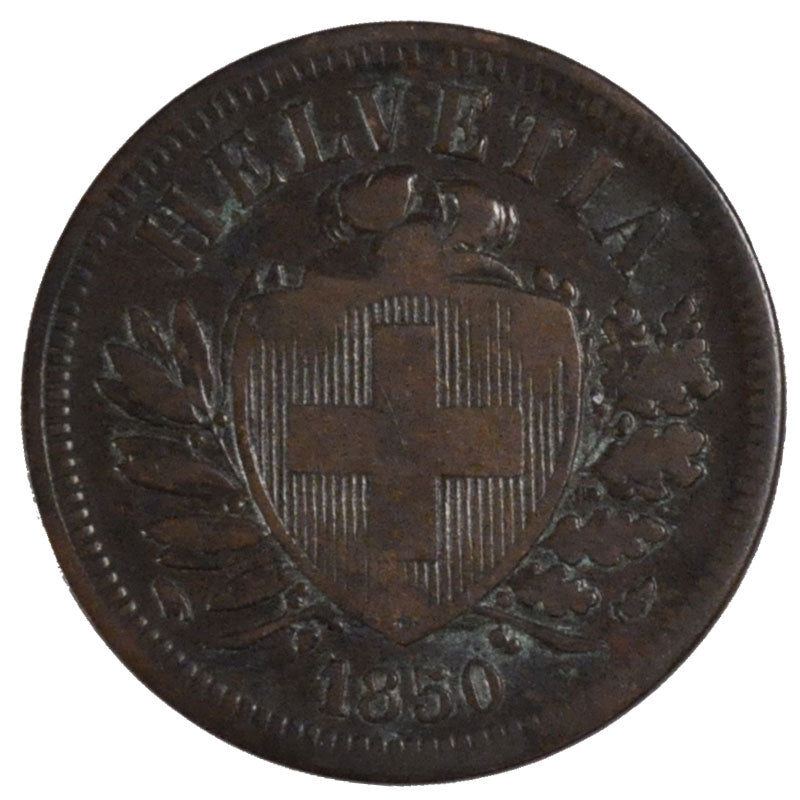 SWITZERLAND, 2 Rappen, 1850, Paris, KM #4.1, VF(30-35), Bronze, 20, 2.39