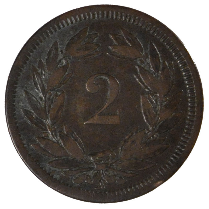 SWITZERLAND, 2 Rappen, 1850, Paris, KM #4.1, VF(30-35), Bronze, 20, 2.39
