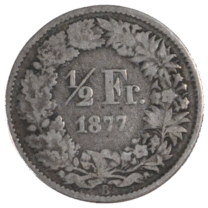 SWITZERLAND, 1/2 Franc, 1877, Bern, KM #23, VF(20-25), Silver, 18.2, 2.36