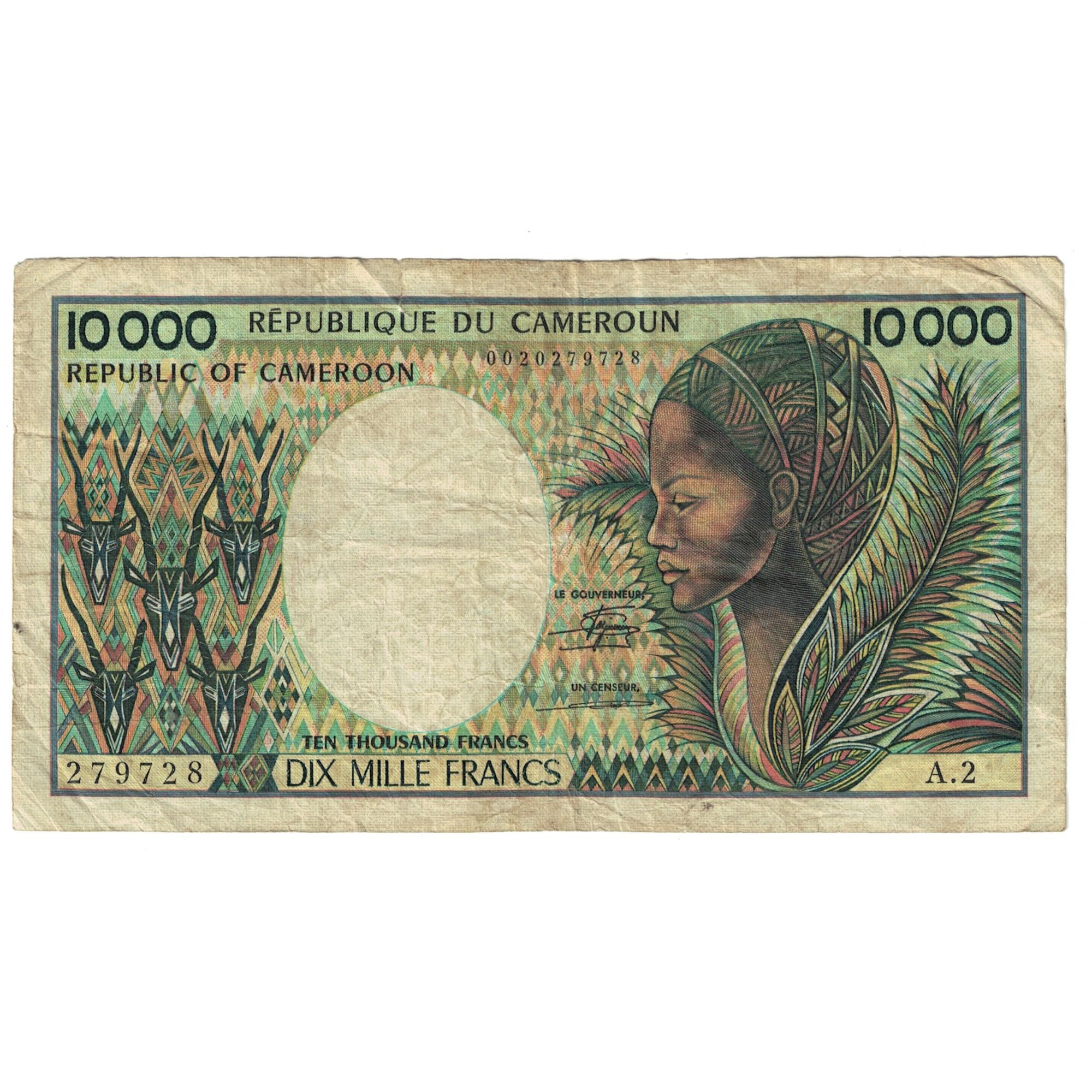 Banknote, Cameroon, 10,000 Francs, KM:7, VG(8-10)